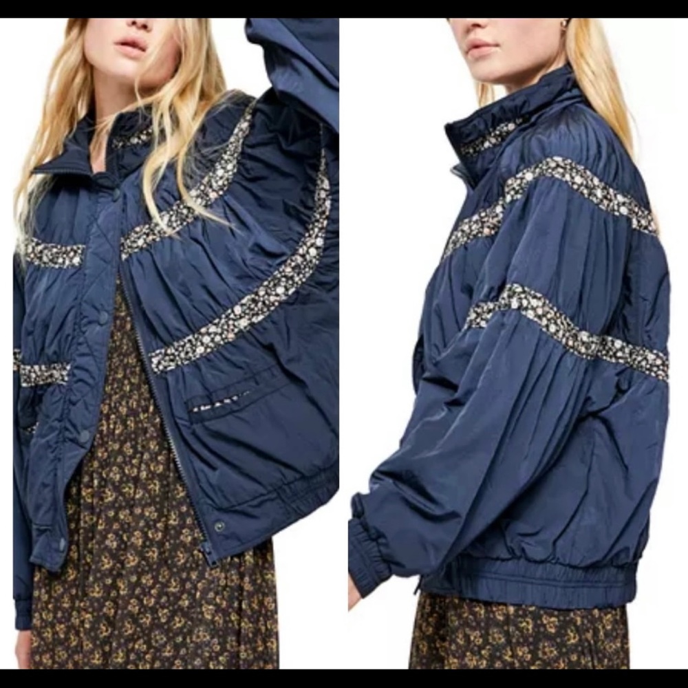 New! Free People Retro Inspired Bomber Floral Tiered Stripes Jacket Coat - Picture 3 of 7